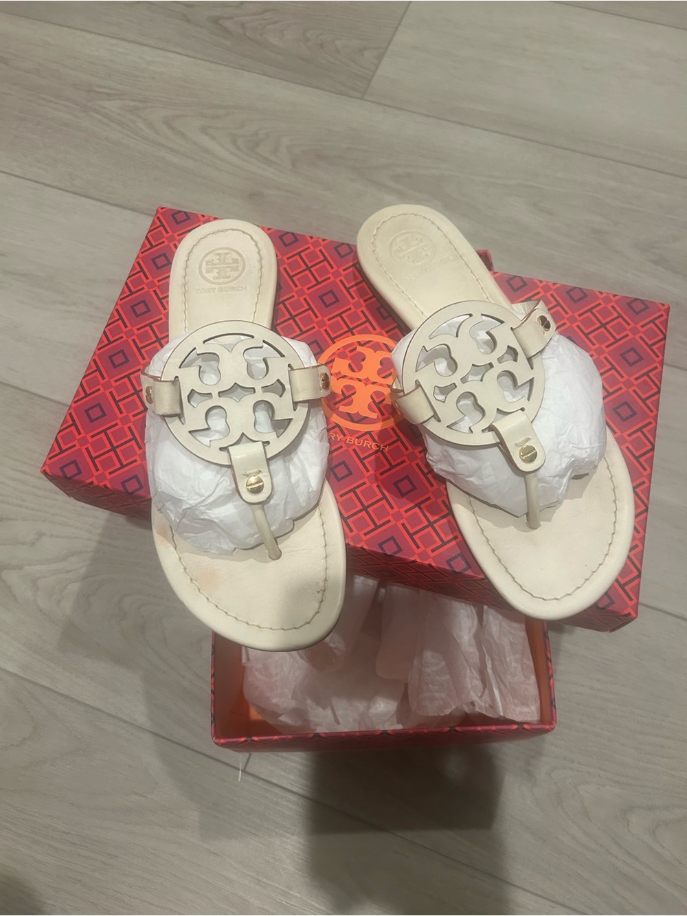 Tory Burch Ivory Logo Thong Sandals